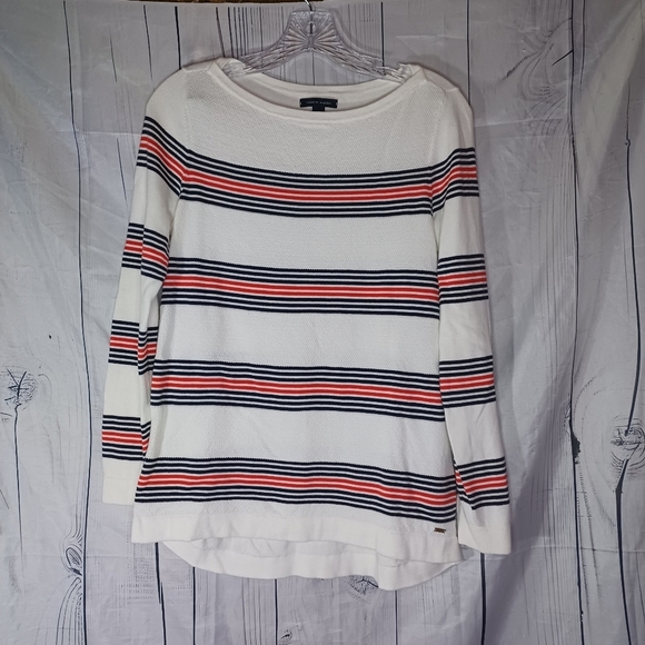 Tommy Hilfiger White Striped Nautical Preppy  Long Sleeve Lightweight Sweater - Picture 1 of 11